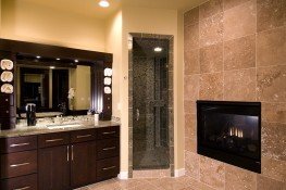 Master bathroom with two-way fireplace